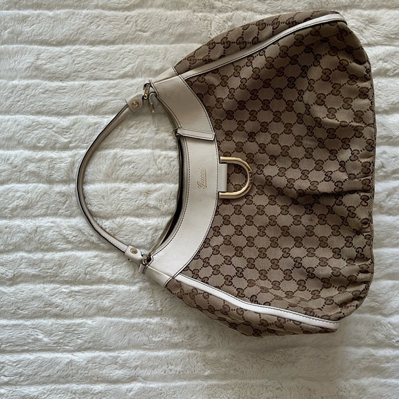 GUCCI Vintage Gg Logo Monogram Handbag Beige White Silver Canvas Leather - Picture 2 of 8
